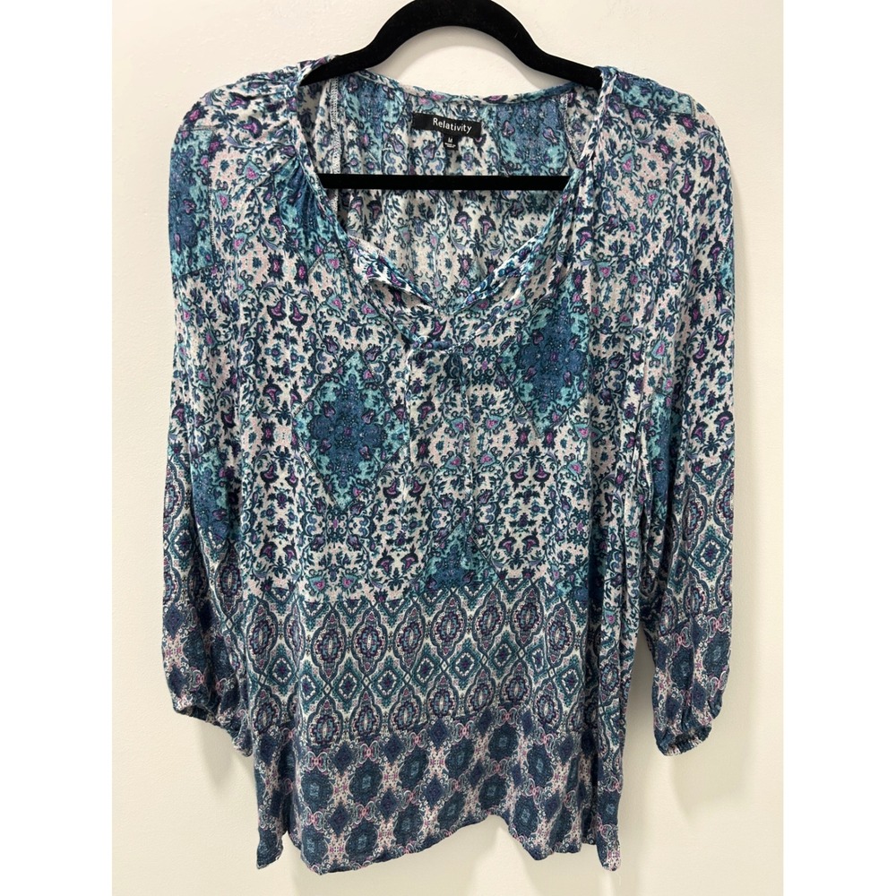 Relativity Womens Blue Paisley Floral Rayon Peasant Blouse Split Neck Tie Top M
